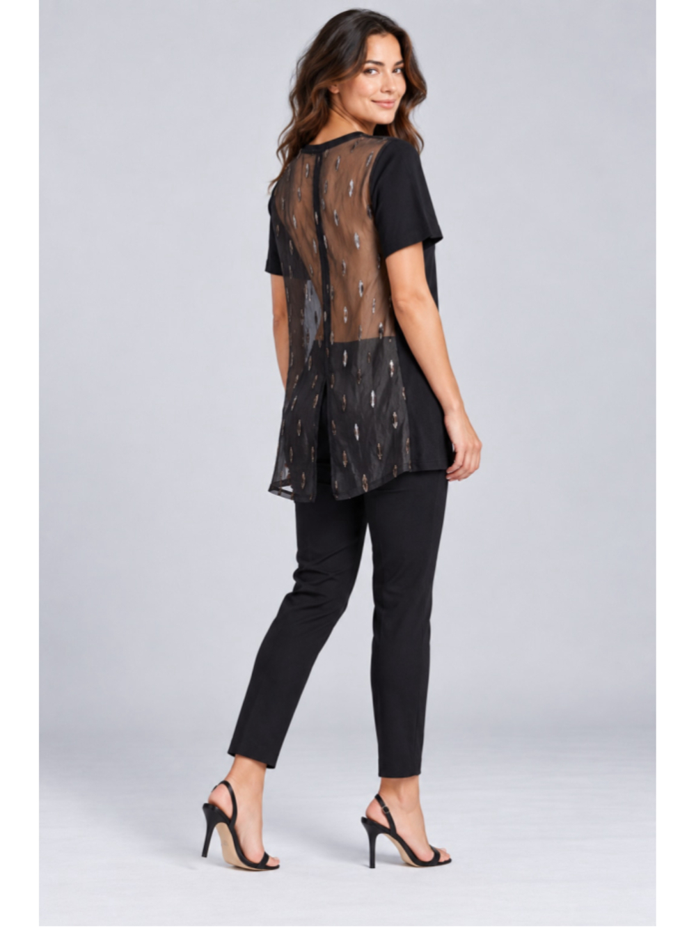 Ruti Metallic Silk Lurex Sheer Back High Low Tunic Top Medium NWT